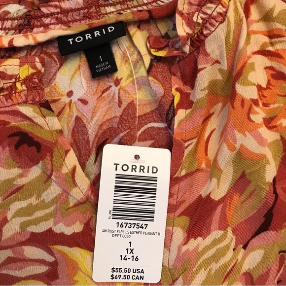 Torrid Floral Esther Peasant Blouse NEW Womens Size 1X 14 16 Mauve Pink Cream - Picture 3 of 8